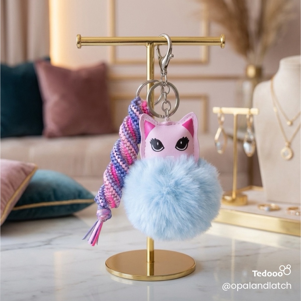Cotton Candy Kitty Pom Keychain - Picture 2 of 4